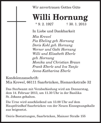 Traueranzeige von Willi Hornung von saarbruecker_zeitung