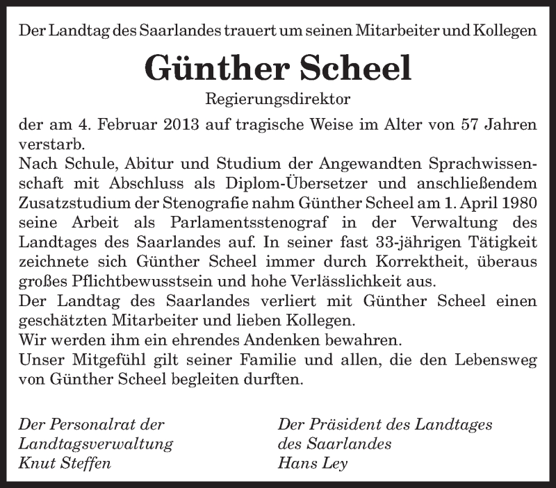  Traueranzeige für Günther Scheel vom 08.02.2013 aus saarbruecker_zeitung