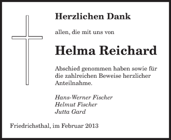 Traueranzeige von Helma Reichard von saarbruecker_zeitung