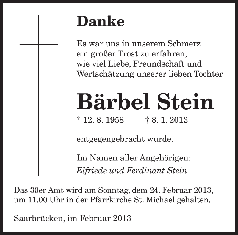  Traueranzeige für Bärbel Stein vom 16.02.2013 aus saarbruecker_zeitung
