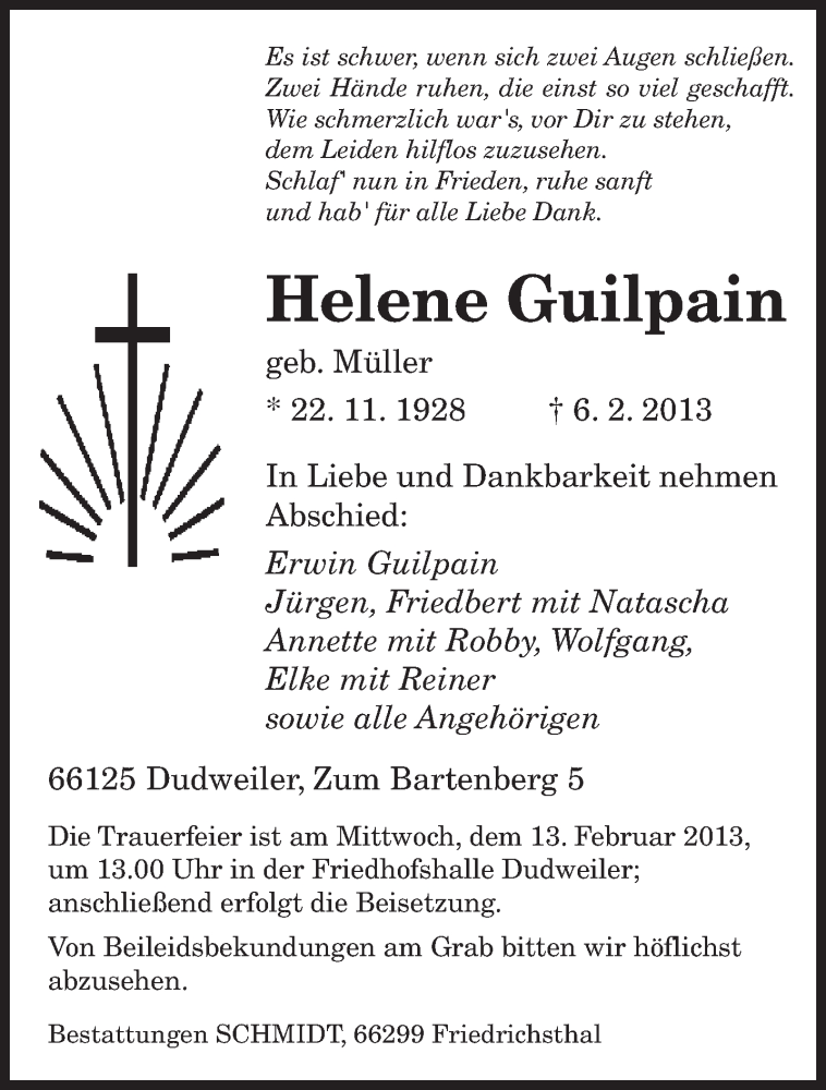  Traueranzeige für Helene Guilpain vom 09.02.2013 aus saarbruecker_zeitung
