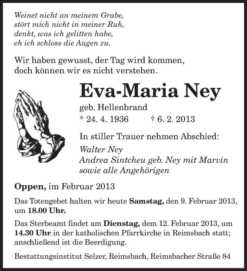  Traueranzeige für Eva-Maria Ney vom 09.02.2013 aus saarbruecker_zeitung