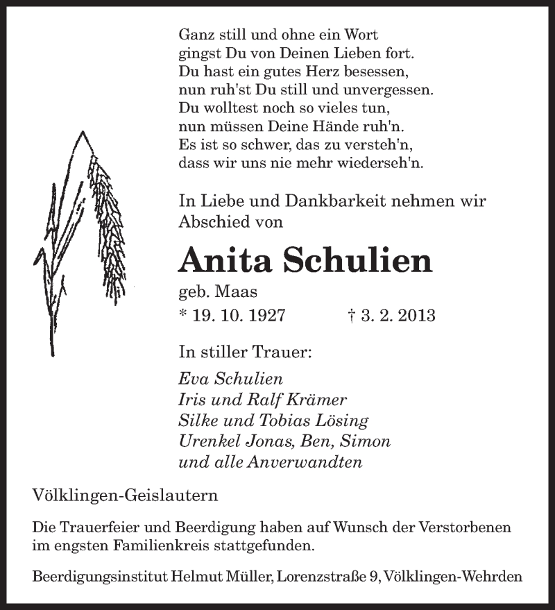  Traueranzeige für Anita Schulien vom 09.02.2013 aus saarbruecker_zeitung