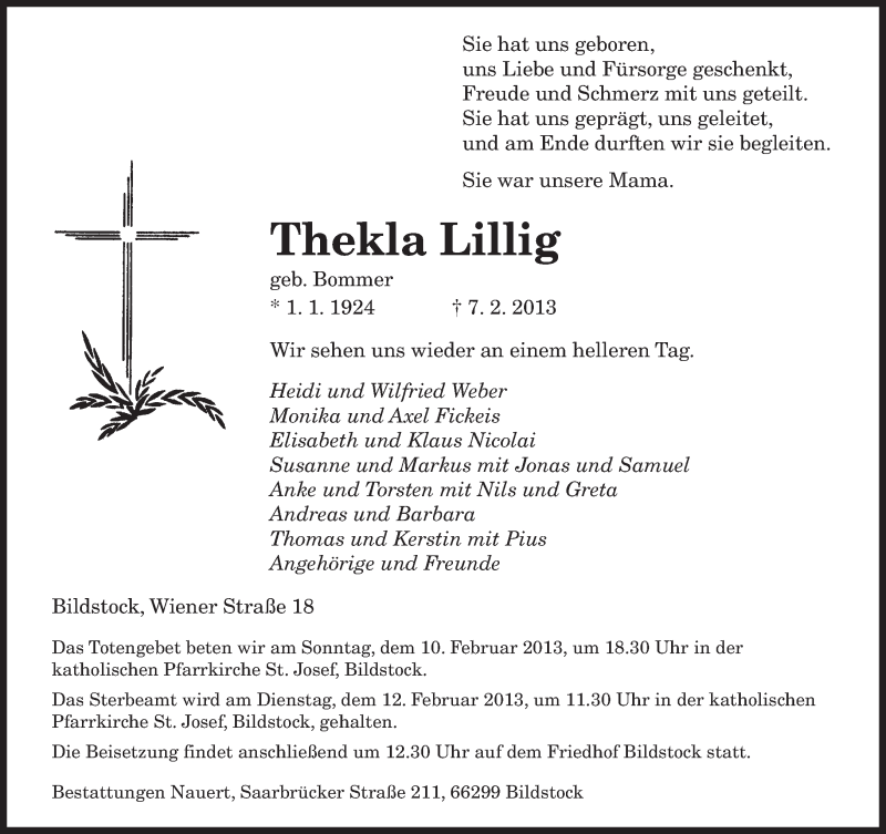  Traueranzeige für Thekla Lillig vom 09.02.2013 aus saarbruecker_zeitung
