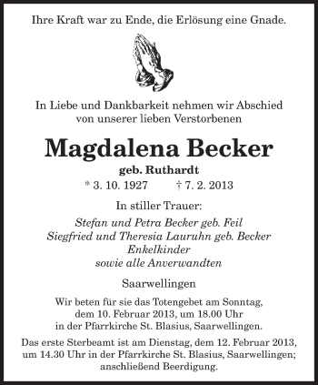 Traueranzeige von Magdalena Becker von saarbruecker_zeitung