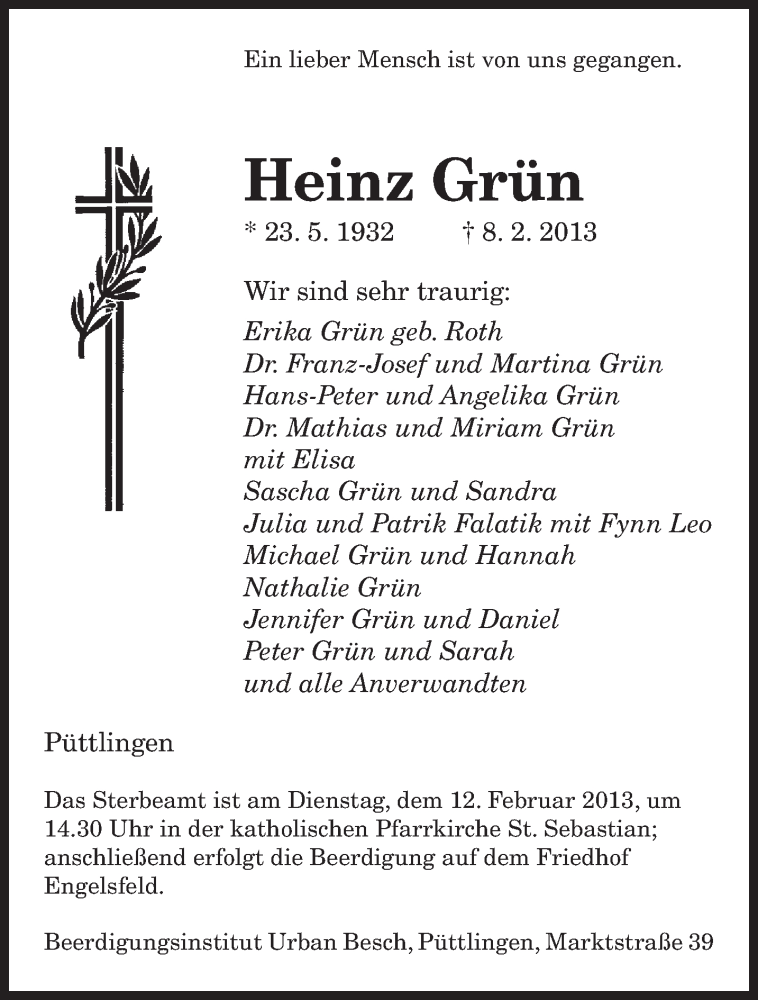  Traueranzeige für Heinz Grün vom 11.02.2013 aus saarbruecker_zeitung