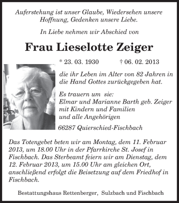 Traueranzeige von Lieselotte Zeiger von saarbruecker_zeitung