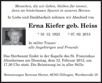 Traueranzeige von Erna Kiefer von saarbruecker_zeitung