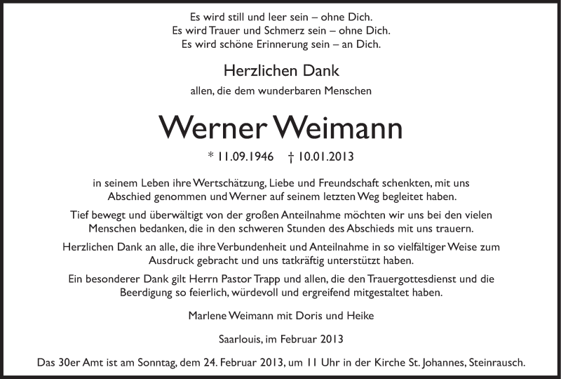  Traueranzeige für Werner Weimann vom 16.02.2013 aus saarbruecker_zeitung