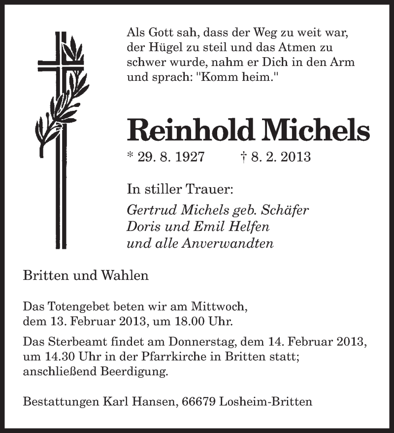  Traueranzeige für Reinhold Michels vom 11.02.2013 aus saarbruecker_zeitung