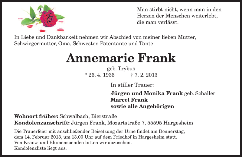  Traueranzeige für Annemarie Frank vom 12.02.2013 aus saarbruecker_zeitung