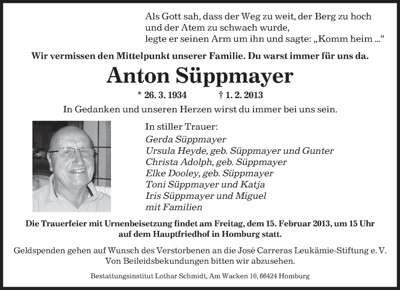  Traueranzeige für Anton Süppmayer vom 13.02.2013 aus saarbruecker_zeitung