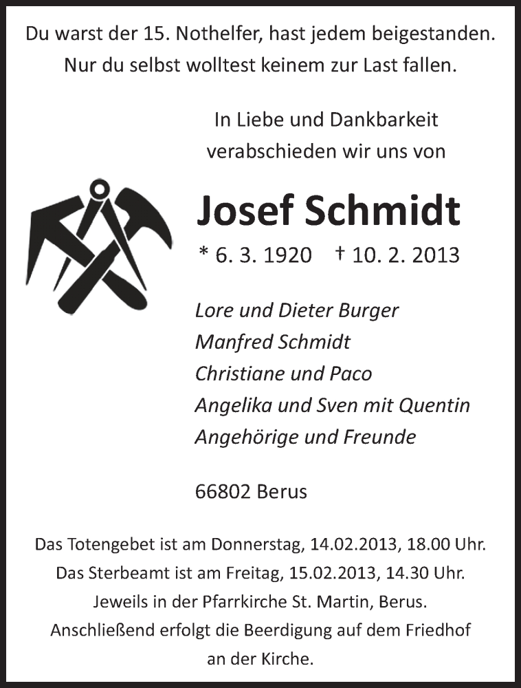  Traueranzeige für Josef Schmidt vom 13.02.2013 aus saarbruecker_zeitung