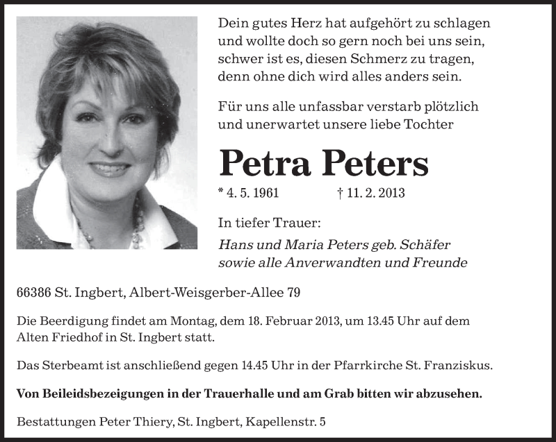  Traueranzeige für Petra Peters vom 14.02.2013 aus saarbruecker_zeitung