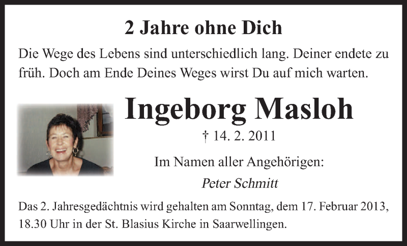  Traueranzeige für Ingeborg Masloh vom 14.02.2013 aus saarbruecker_zeitung