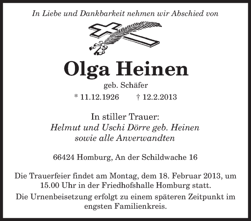  Traueranzeige für Olga Heinen vom 15.02.2013 aus saarbruecker_zeitung
