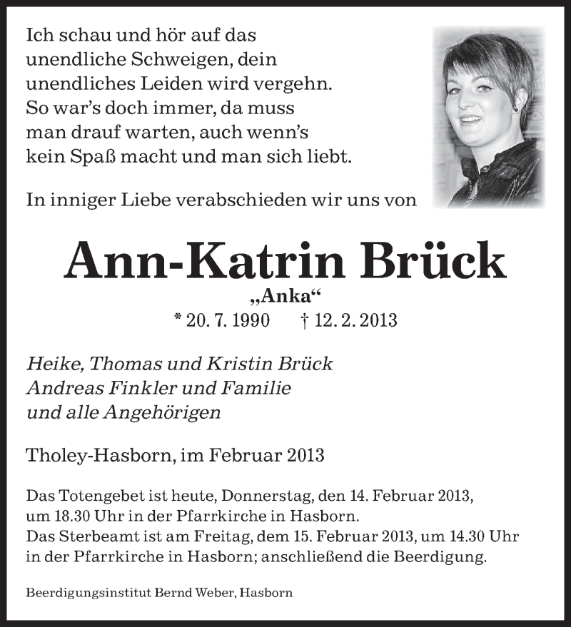  Traueranzeige für Ann-Katrin Brück vom 14.02.2013 aus saarbruecker_zeitung