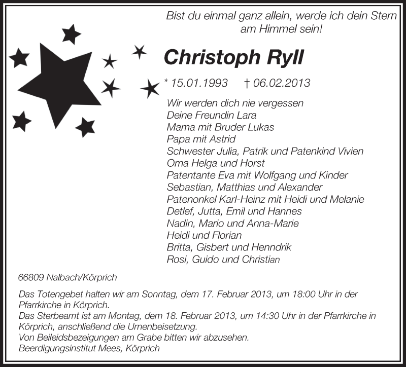  Traueranzeige für Christoph Ryll vom 15.02.2013 aus saarbruecker_zeitung