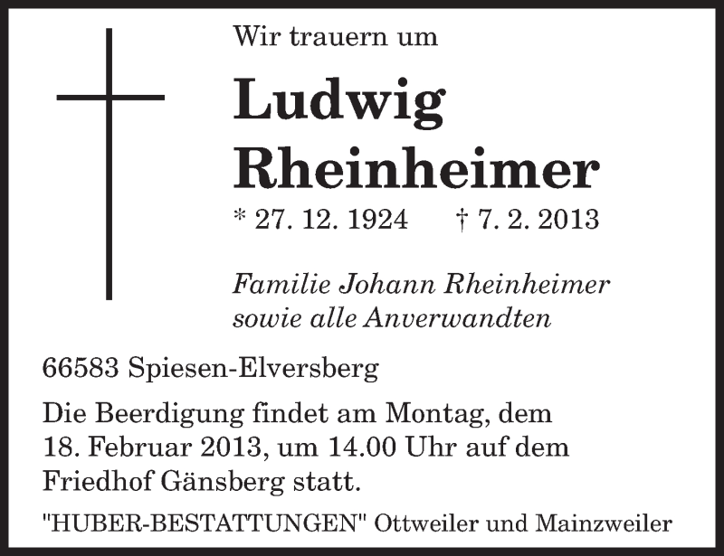  Traueranzeige für Ludwig Rheinheimer vom 16.02.2013 aus saarbruecker_zeitung
