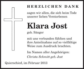 Traueranzeige von Klara Jost von saarbruecker_zeitung