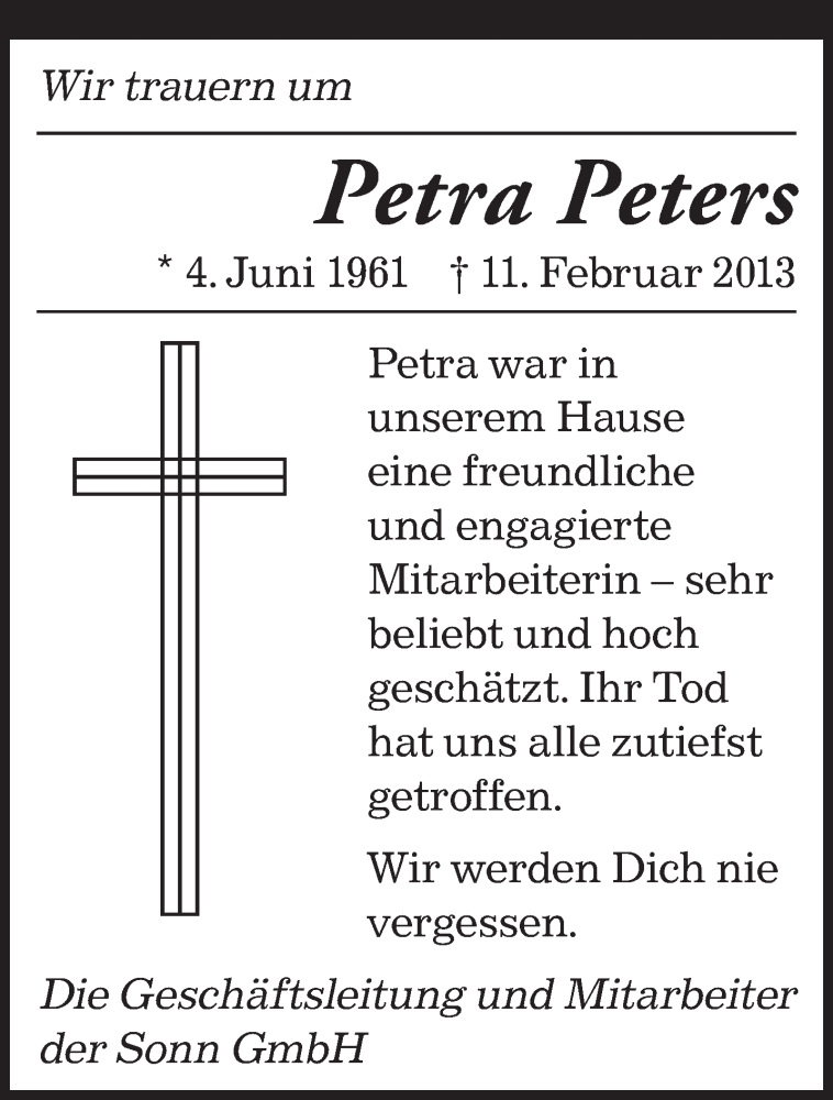  Traueranzeige für Petra Peters vom 16.02.2013 aus saarbruecker_zeitung