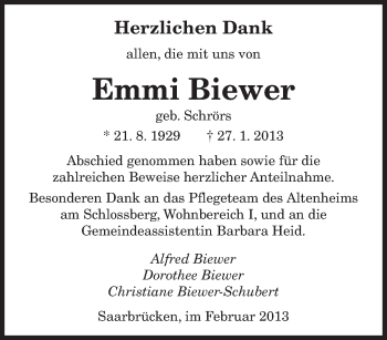 Traueranzeige von Emmi Biewer von saarbruecker_zeitung