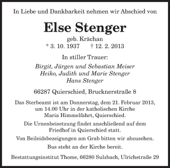 Traueranzeige von Else Stenger von saarbruecker_zeitung