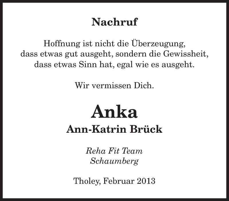  Traueranzeige für Ann-Katrin Brück vom 18.02.2013 aus saarbruecker_zeitung