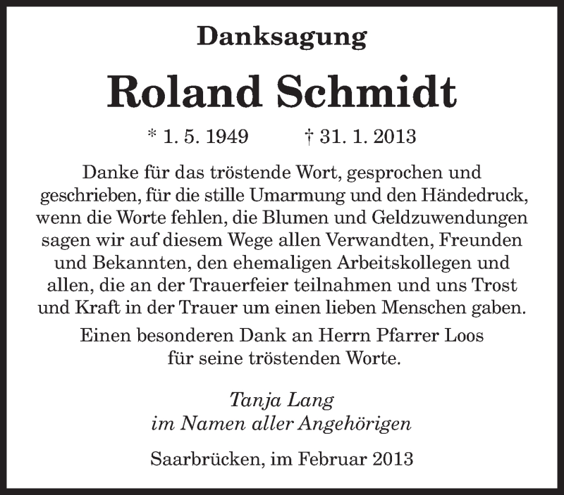  Traueranzeige für Roland Schmidt vom 16.02.2013 aus saarbruecker_zeitung