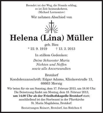 Traueranzeige von Helena Müller von saarbruecker_zeitung