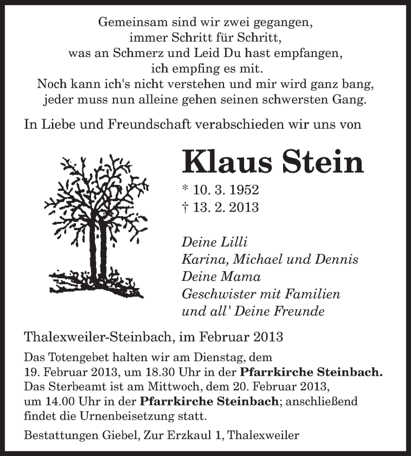  Traueranzeige für Klaus Stein vom 18.02.2013 aus saarbruecker_zeitung