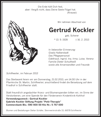Traueranzeige von Gertrud Kockler von saarbruecker_zeitung