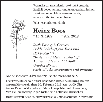Traueranzeige von Heinz Boos von saarbruecker_zeitung