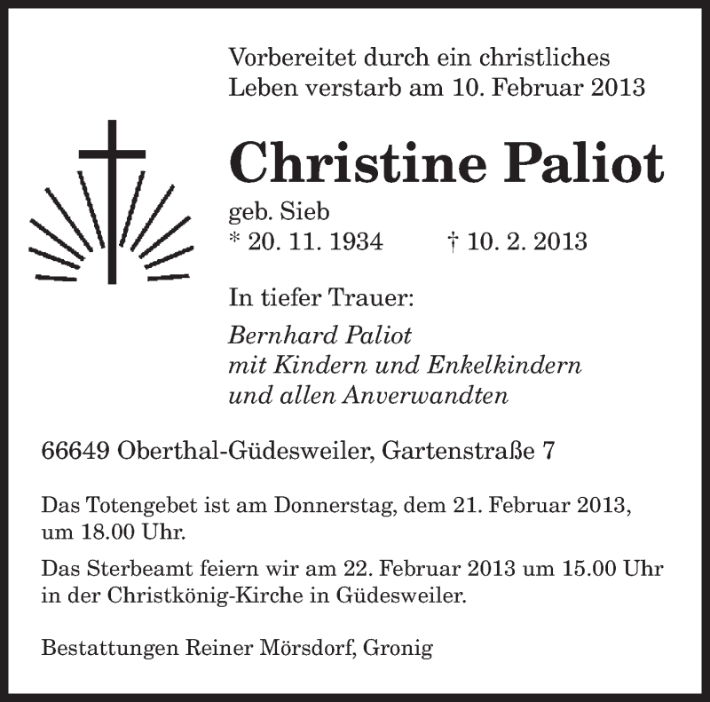  Traueranzeige für Christine Paliot vom 20.02.2013 aus saarbruecker_zeitung