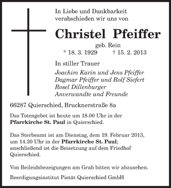 Traueranzeige von Christel Pfeiffer von saarbruecker_zeitung