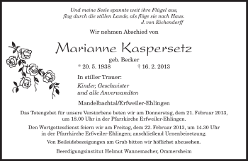 Traueranzeige von Marianne Kaspersetz von saarbruecker_zeitung