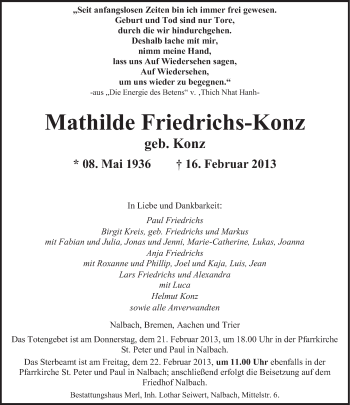 Traueranzeige von Mathilde Friedrichs-Konz von saarbruecker_zeitung