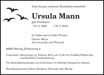 Traueranzeige von Ursula Mann von saarbruecker_zeitung