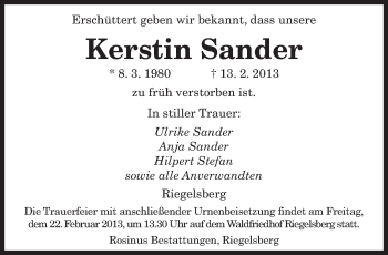 Traueranzeige von Kerstin Sander von saarbruecker_zeitung