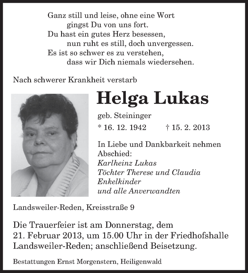  Traueranzeige für Helga Lukas vom 20.02.2013 aus saarbruecker_zeitung