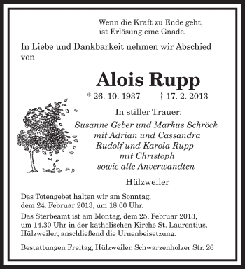 Traueranzeige von Alois Rupp von saarbruecker_zeitung