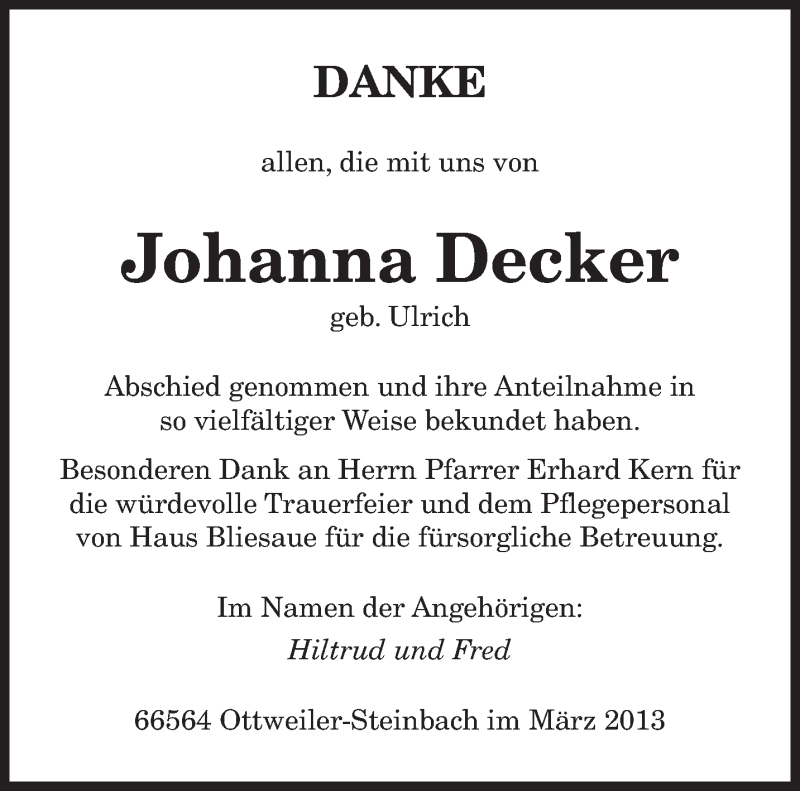  Traueranzeige für Johanna Decker vom 02.03.2013 aus saarbruecker_zeitung