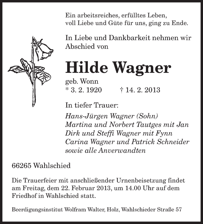  Traueranzeige für Hilde Wagner vom 20.02.2013 aus saarbruecker_zeitung