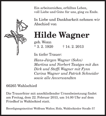 Traueranzeige von Hilde Wagner von saarbruecker_zeitung