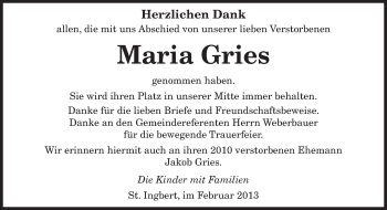 Traueranzeige von Maria Gries von saarbruecker_zeitung