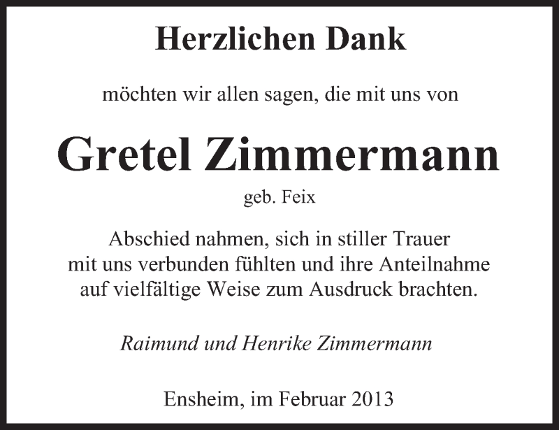  Traueranzeige für Gretel Zimmermann vom 23.02.2013 aus saarbruecker_zeitung