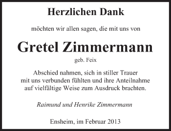 Traueranzeige von Gretel Zimmermann von saarbruecker_zeitung