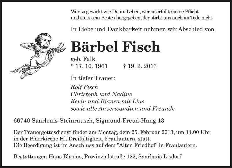  Traueranzeige für Bärbel Fisch vom 21.02.2013 aus saarbruecker_zeitung