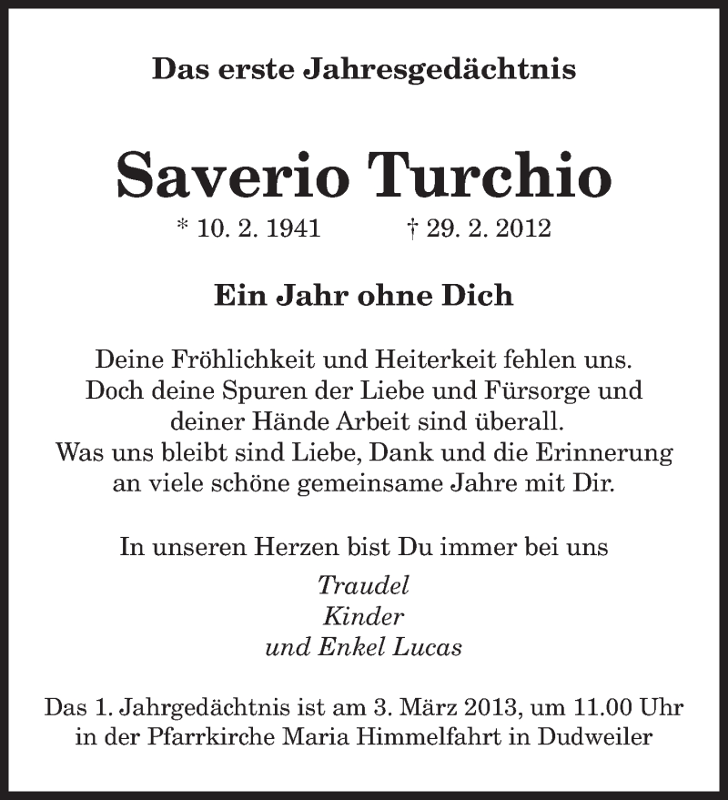  Traueranzeige für Saverio Turchio vom 28.02.2013 aus saarbruecker_zeitung