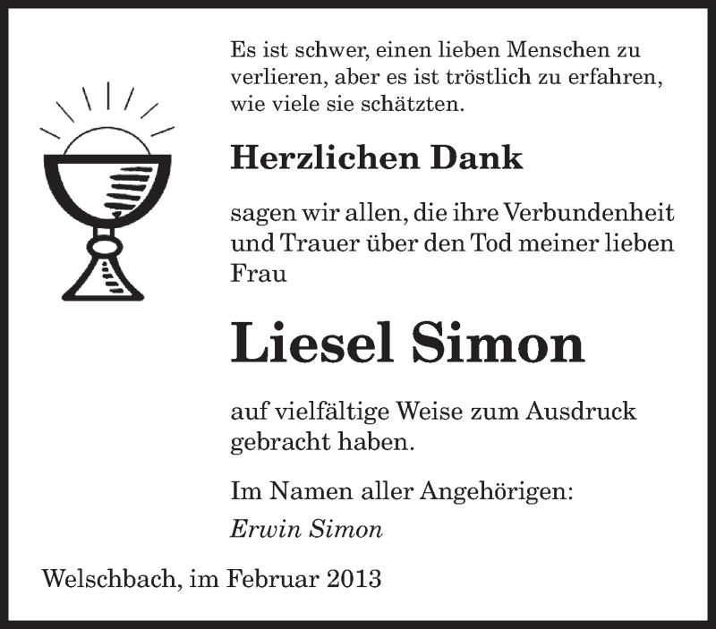  Traueranzeige für Liesel Simon vom 21.02.2013 aus saarbruecker_zeitung